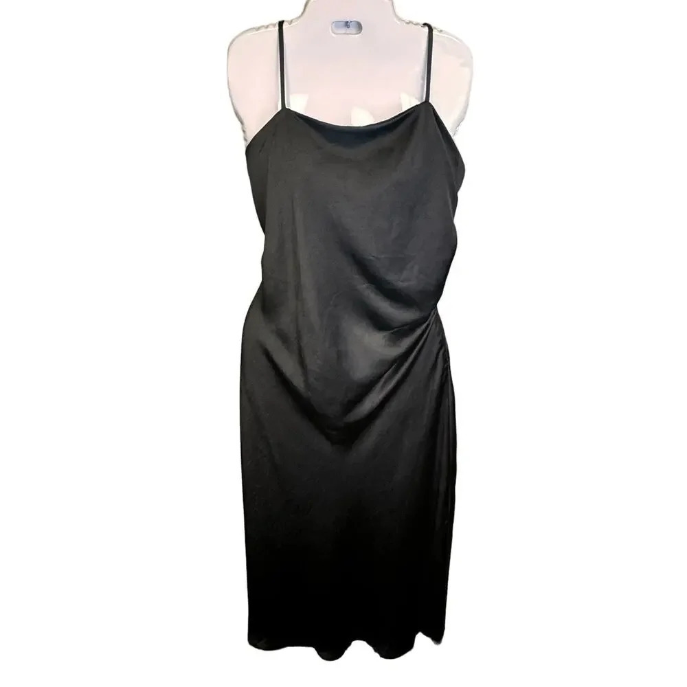 Jolie Black Satin Midi Slip Dress Side Ruching Spaghetti Straps Women's 14